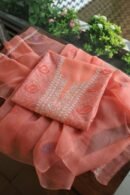 Carrot Pink Noor Organza Silk Chikankari With Mukaish Kamdani Fabric