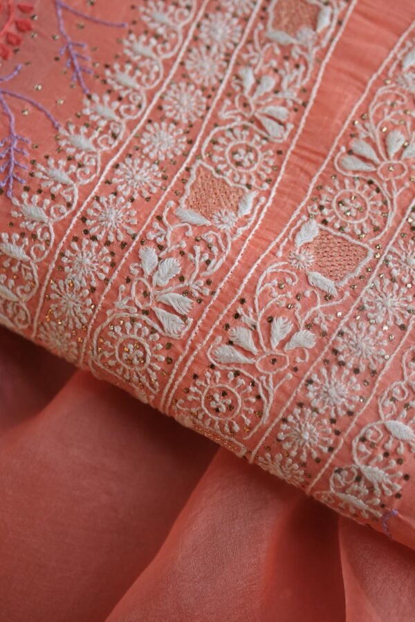 Carrot Pink Noor Organza Silk Chikankari With Mukaish Kamdani Fabric - Image 9