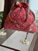 Red Handcrafted Silk Chikankari Potli Bags With Ari Work