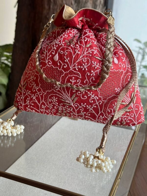 Red Handcrafted Silk Chikankari Potli Bags With Ari Work - Image 3