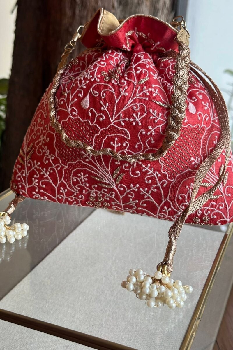Red Handcrafted Silk Chikankari Potli Bags With Ari Work