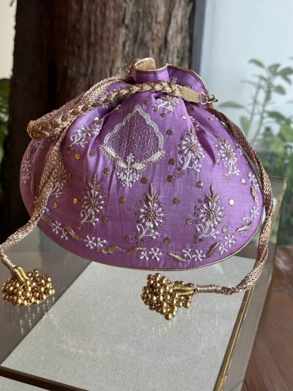 Purple Handcrafted Silk Chikankari Potli Bags With Ari Work and Mukaish Kamdani - Image 2