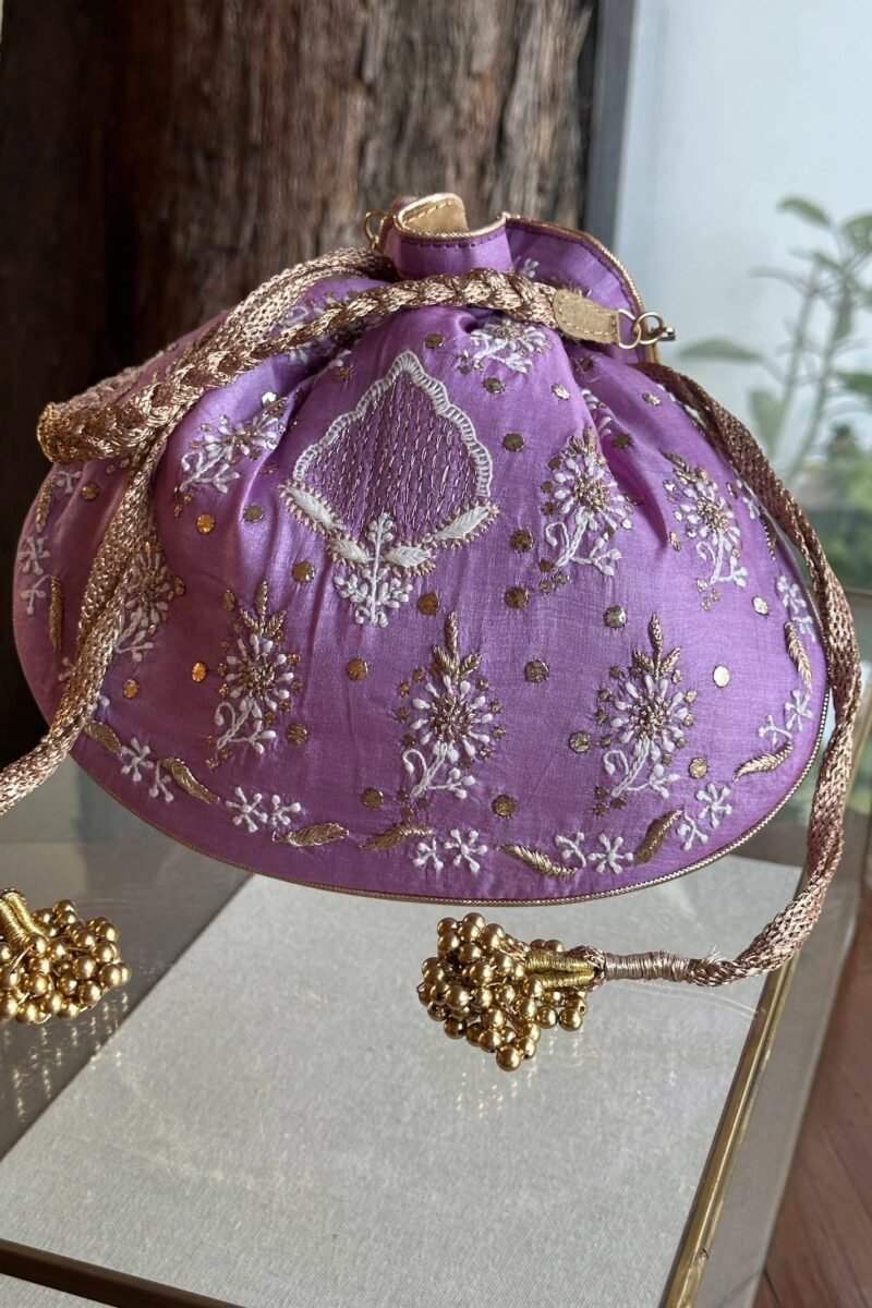 Purple Handcrafted Silk Chikankari Potli Bags With Ari Work and Mukaish Kamdani