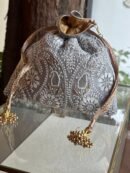 Grey Handcrafted Silk Chikankari Potli Bags With Ari Work