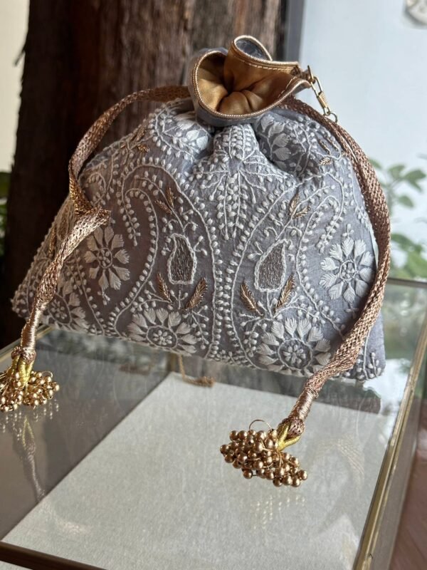 Grey Handcrafted Silk Chikankari Potli Bags With Ari Work - Image 2