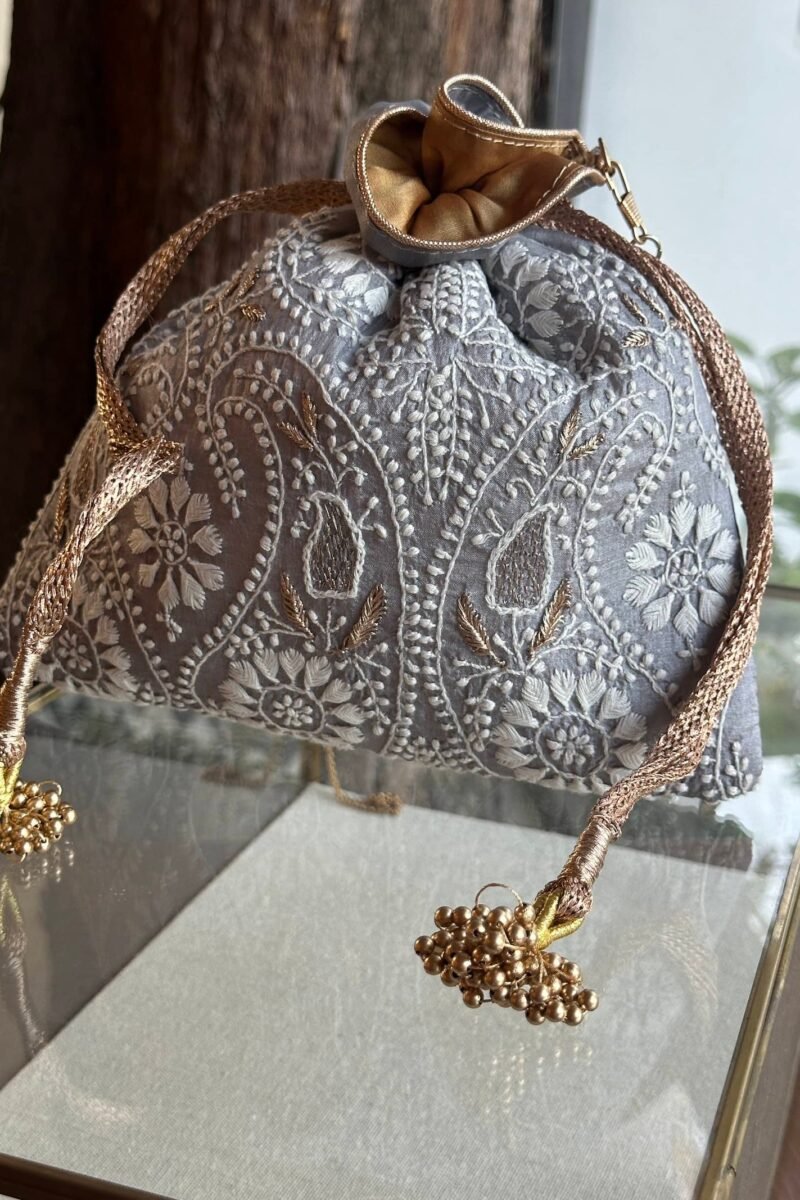 Grey Handcrafted Silk Chikankari Potli Bags With Ari Work