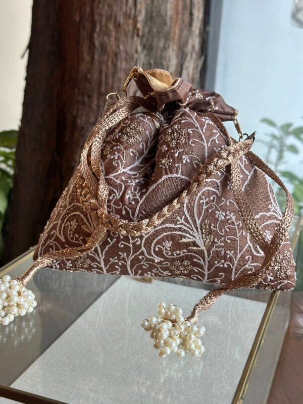 Brown Handcrafted Silk Chikankari Potli Bags With Ari Work