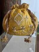 Yellow Handcrafted Silk Chikankari Potli Bags With Ari Work and Mukaish Kamdani