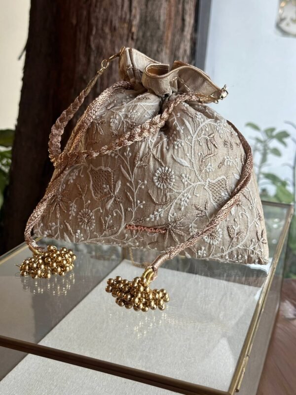Natural Handcrafted Silk Chikankari Potli Bags With Ari Work