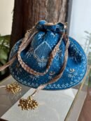 Blue Handcrafted Silk Chikankari Potli Bags With Ari Work and Mukaish Kamdani