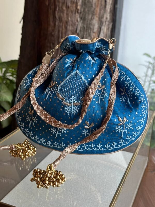 Blue Handcrafted Silk Chikankari Potli Bags With Ari Work and Mukaish Kamdani