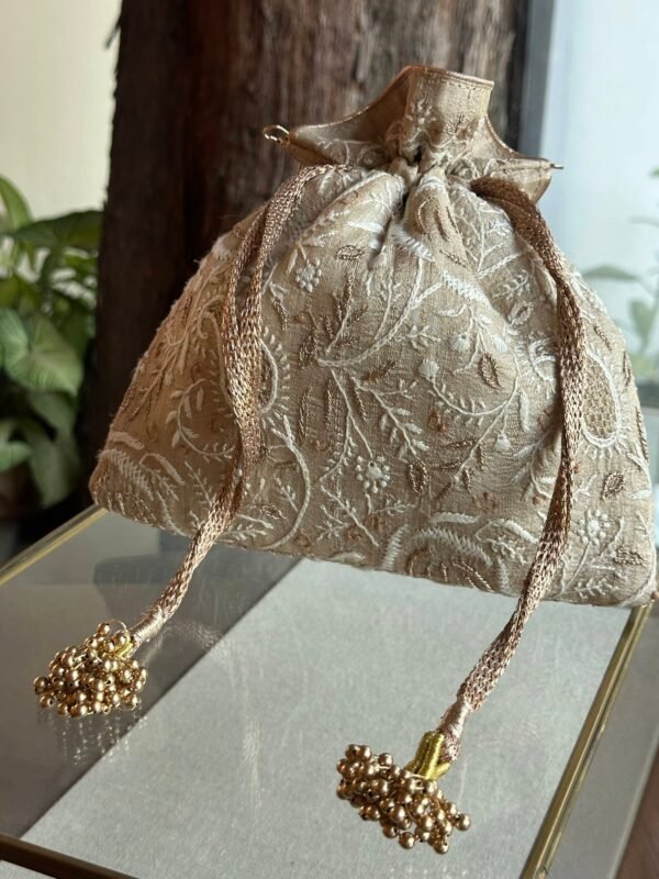 Natural Handcrafted Silk Chikankari Potli Bags With Ari Work - Image 2