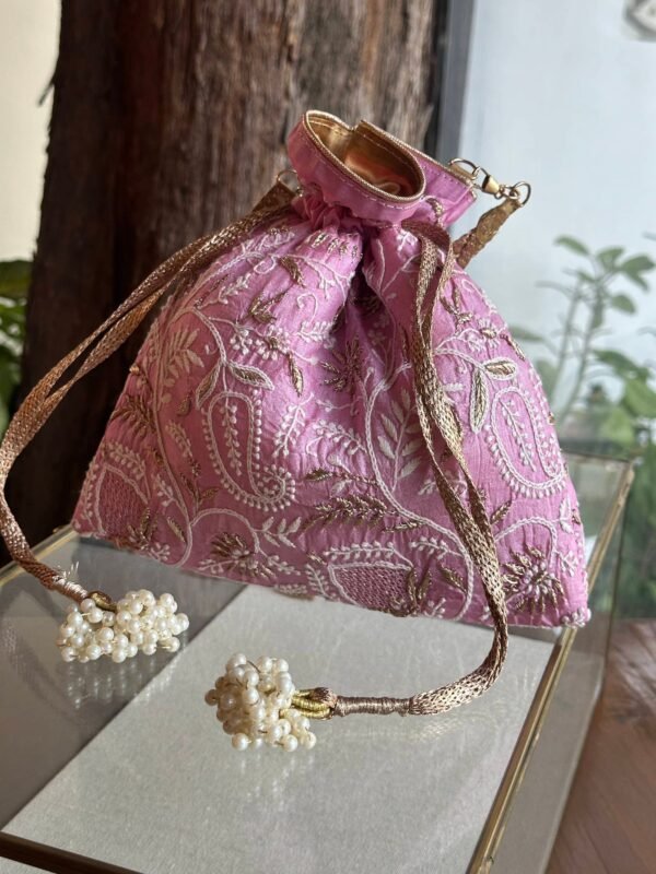 Pink Handcrafted Silk Chikankari Potli Bags With Ari Work