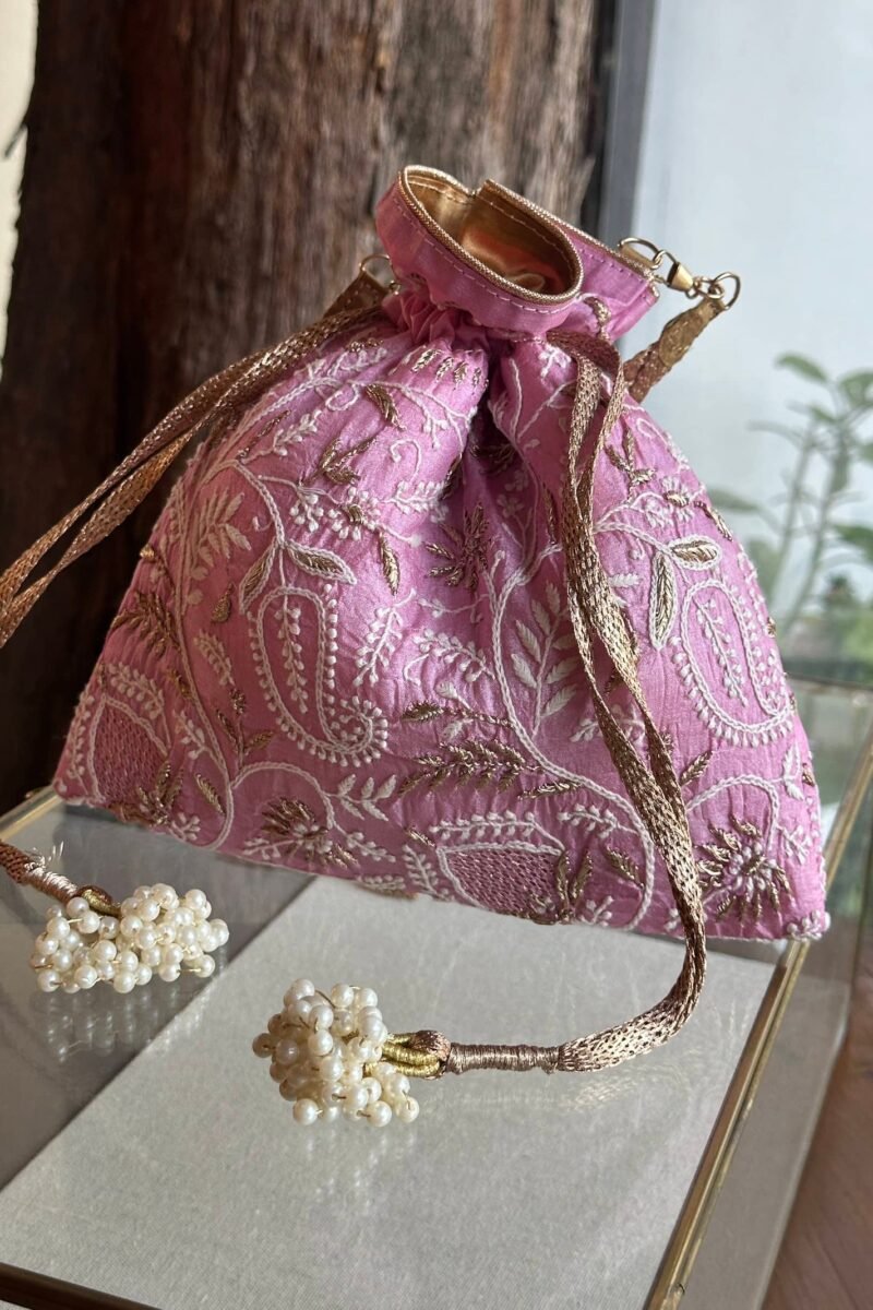 Pink Handcrafted Silk Chikankari Potli Bags With Ari Work