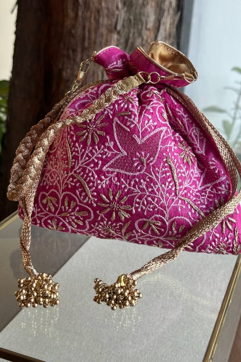 Pink Handcrafted Silk Chikankari Potli Bags With Ari Work