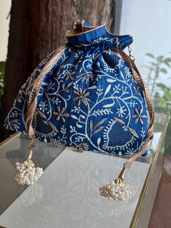 Blue Handcrafted Silk Chikankari Potli Bags With Ari Work - Image 2