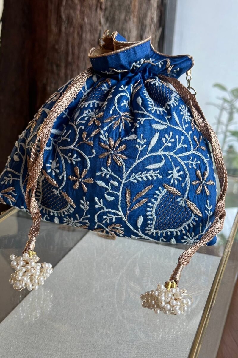 Blue Handcrafted Silk Chikankari Potli Bags With Ari Work