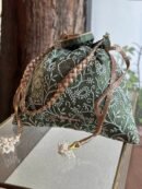 Green Handcrafted Silk Chikankari Potli Bags With Ari Work