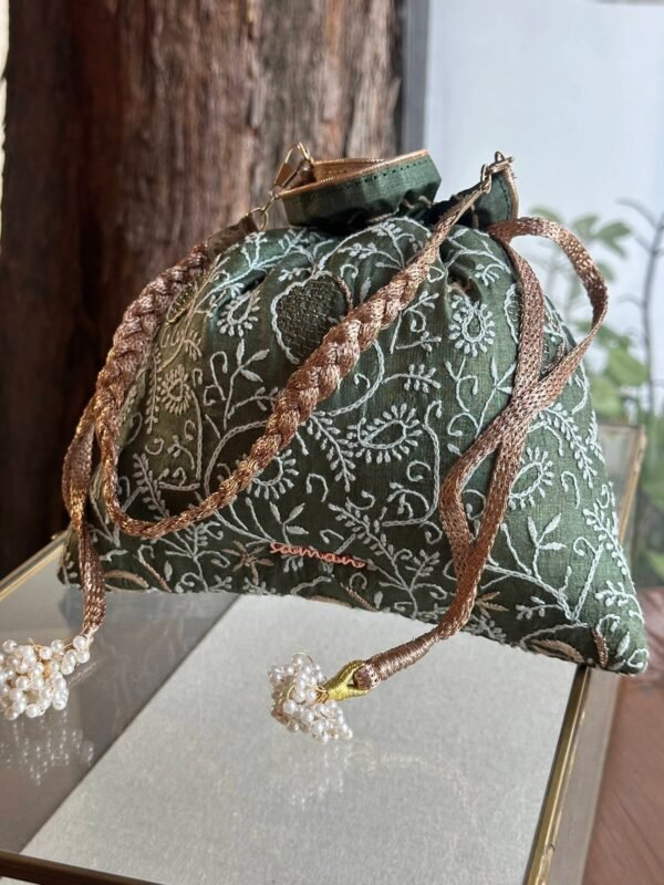 Green Handcrafted Silk Chikankari Potli Bags With Ari Work - Image 2