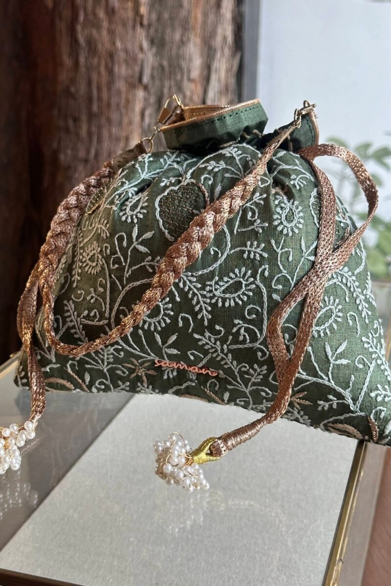 Green Handcrafted Silk Chikankari Potli Bags With Ari Work