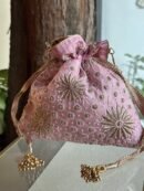 Pink Handcrafted Silk Chikankari Potli Bags With Ari Work