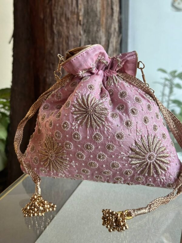 Pink Handcrafted Silk Chikankari Potli Bags With Ari Work - Image 2