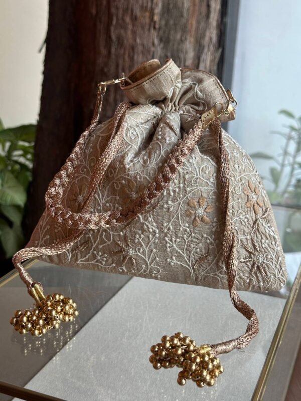 Natural Handcrafted Silk Chikankari Potli Bags With Ari Work - Image 2