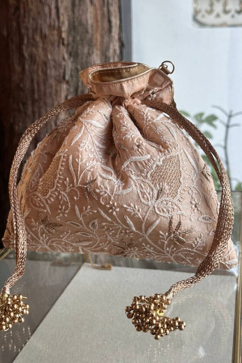 Pink Handcrafted Silk Chikankari Potli Bags With Ari Work