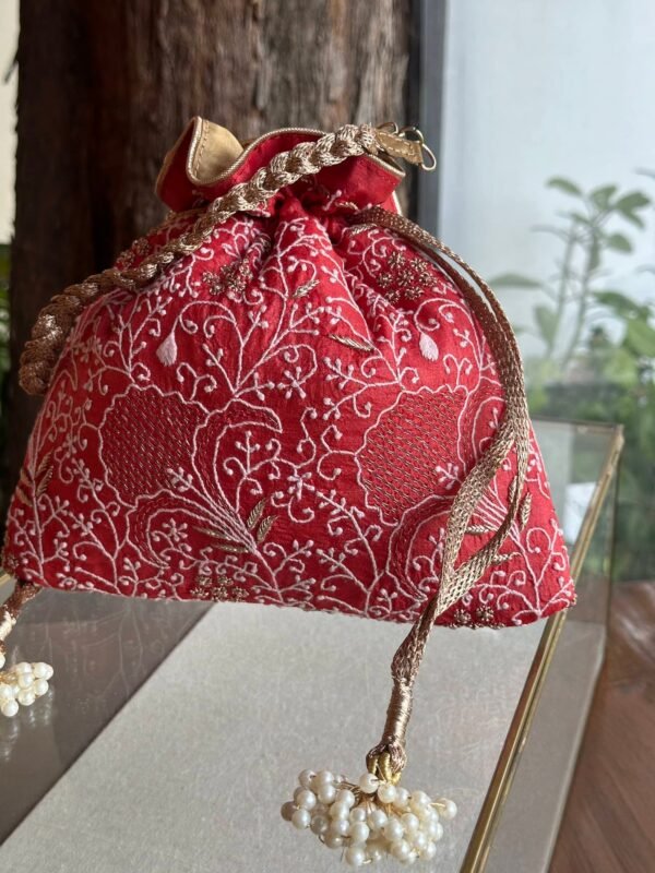 Red Handcrafted Silk Chikankari Potli Bags With Ari Work