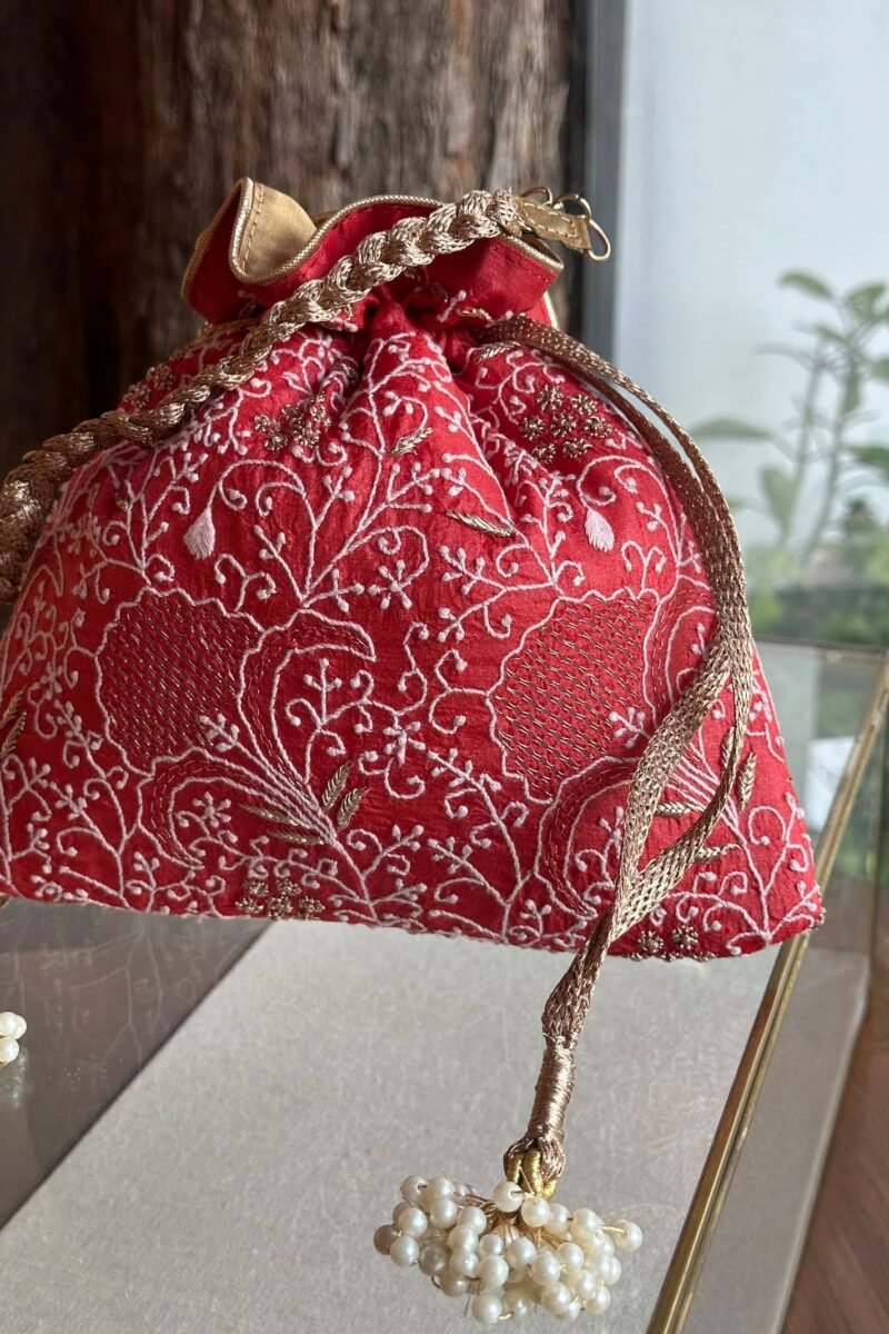 Red Handcrafted Silk Chikankari Potli Bags With Ari Work