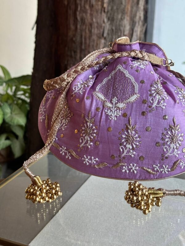 Purple Handcrafted Silk Chikankari Potli Bags With Ari Work and Mukaish Kamdani - Image 3