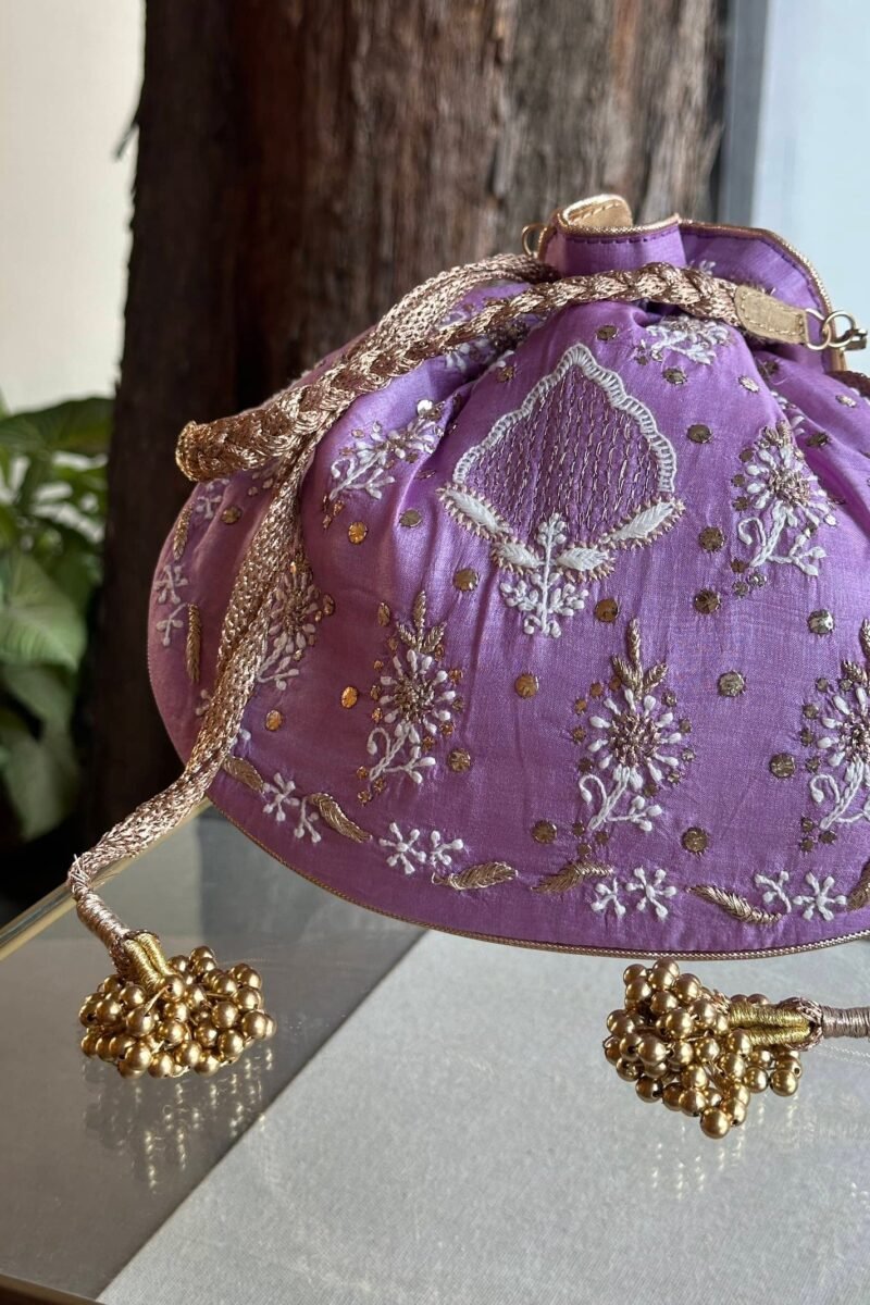 Purple Handcrafted Silk Chikankari Potli Bags With Ari Work and Mukaish Kamdani