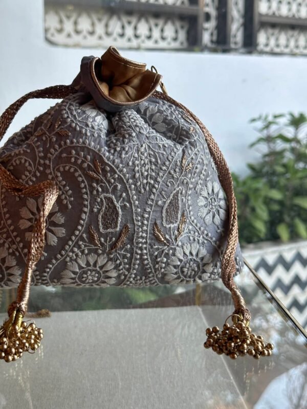 Grey Handcrafted Silk Chikankari Potli Bags With Ari Work - Image 3