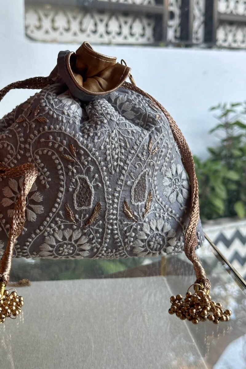 Grey Handcrafted Silk Chikankari Potli Bags With Ari Work