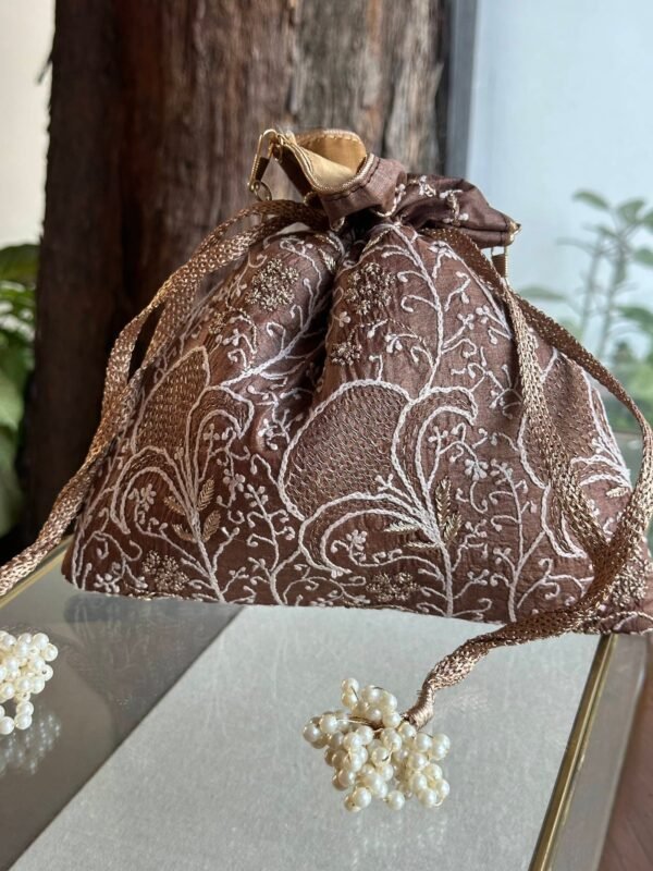 Brown Handcrafted Silk Chikankari Potli Bags With Ari Work - Image 3