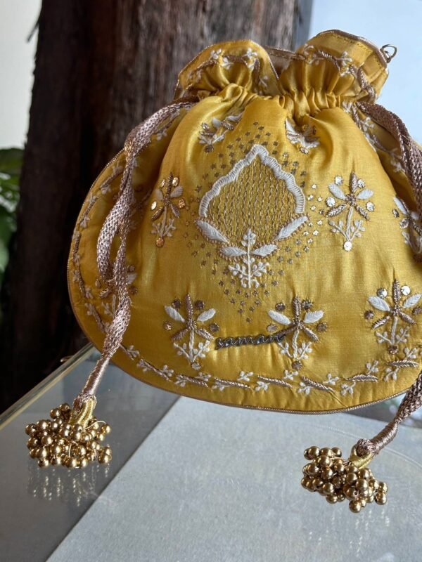 Yellow Handcrafted Silk Chikankari Potli Bags With Ari Work and Mukaish Kamdani - Image 3
