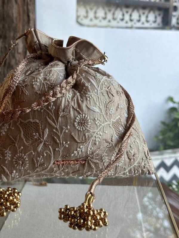 Natural Handcrafted Silk Chikankari Potli Bags With Ari Work - Image 3