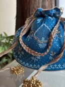 Blue Handcrafted Silk Chikankari Potli Bags With Ari Work and Mukaish Kamdani