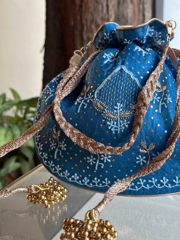 Blue Handcrafted Silk Chikankari Potli Bags With Ari Work and Mukaish Kamdani - Image 3