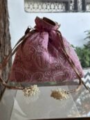 Pink Handcrafted Silk Chikankari Potli Bags With Ari Work