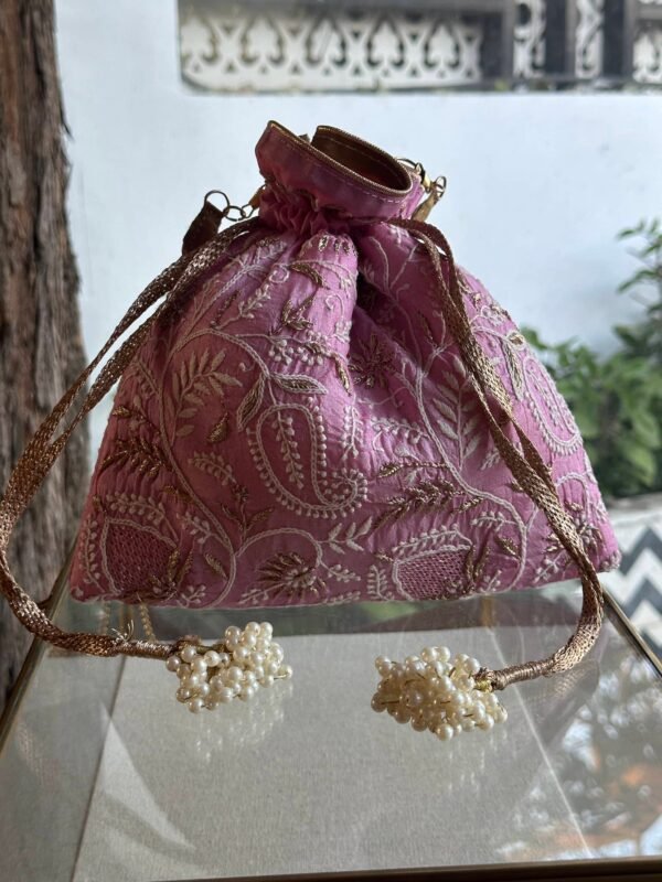 Pink Handcrafted Silk Chikankari Potli Bags With Ari Work - Image 3
