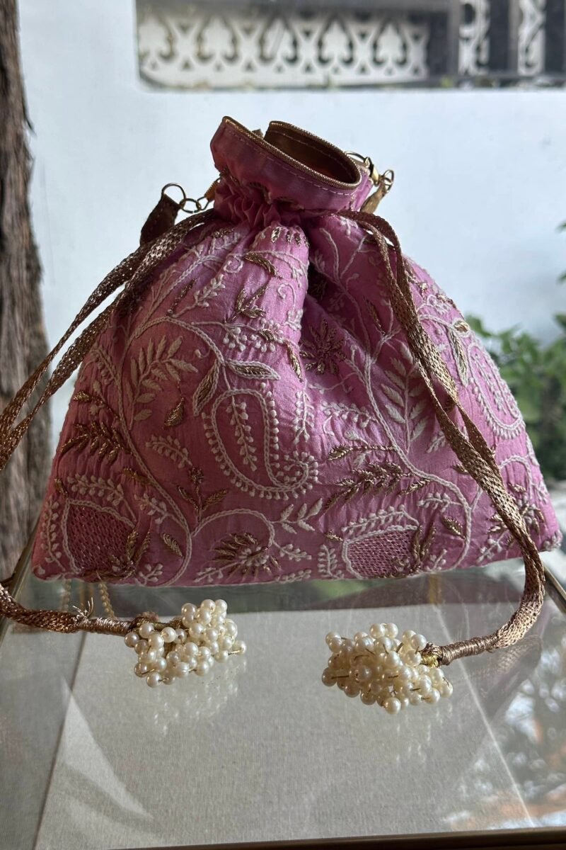 Pink Handcrafted Silk Chikankari Potli Bags With Ari Work