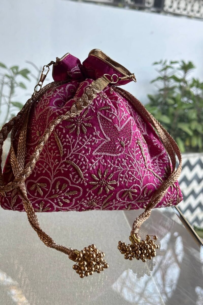 Pink Handcrafted Silk Chikankari Potli Bags With Ari Work