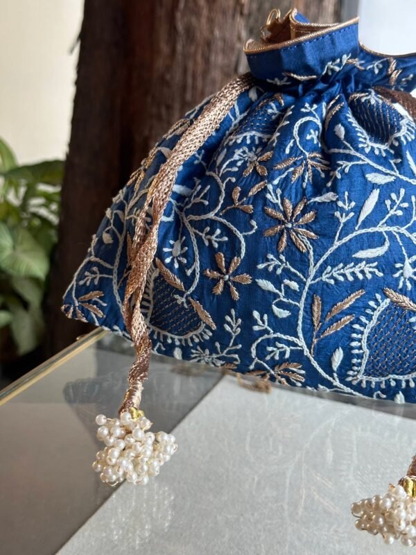 Blue Handcrafted Silk Chikankari Potli Bags With Ari Work - Image 3