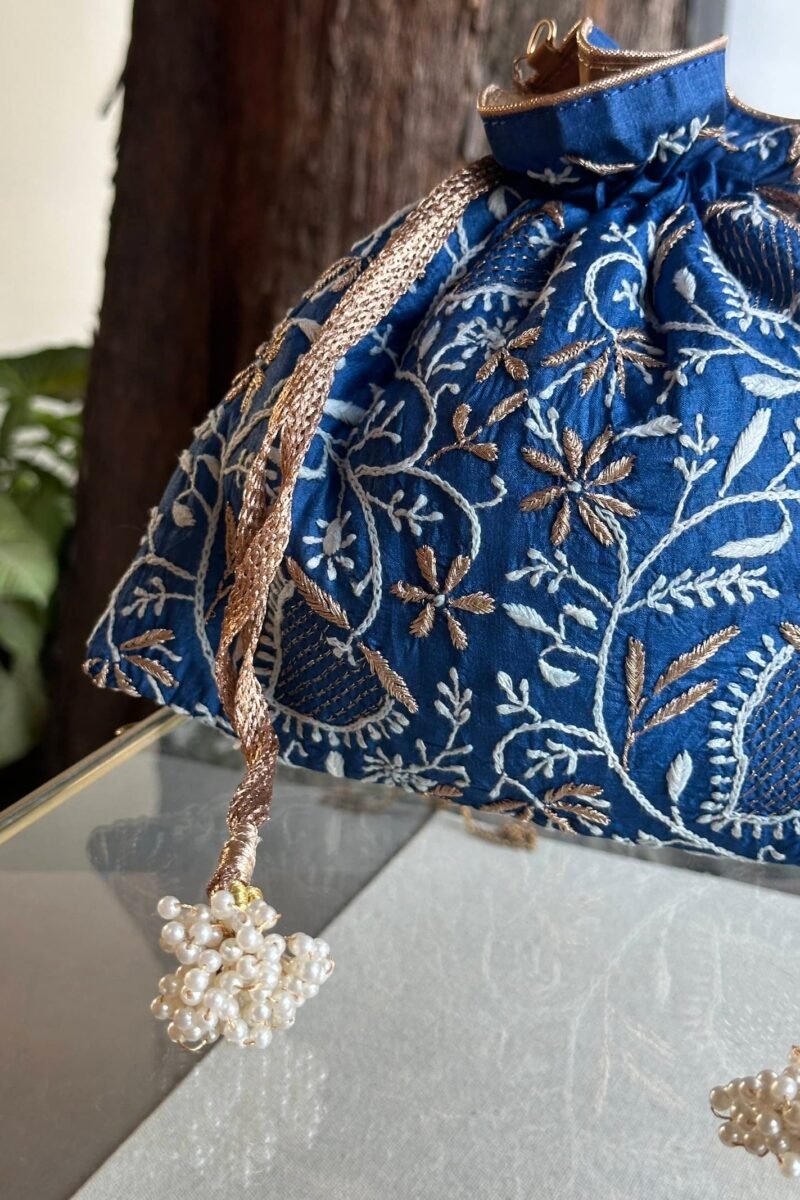 Blue Handcrafted Silk Chikankari Potli Bags With Ari Work