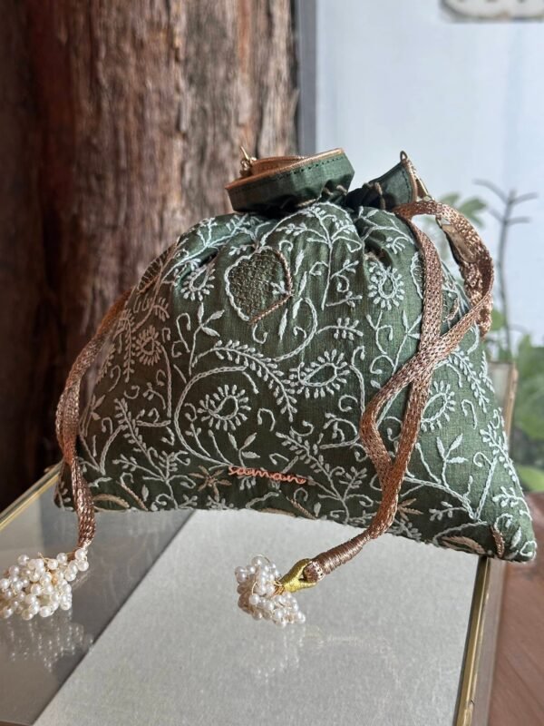 Green Handcrafted Silk Chikankari Potli Bags With Ari Work