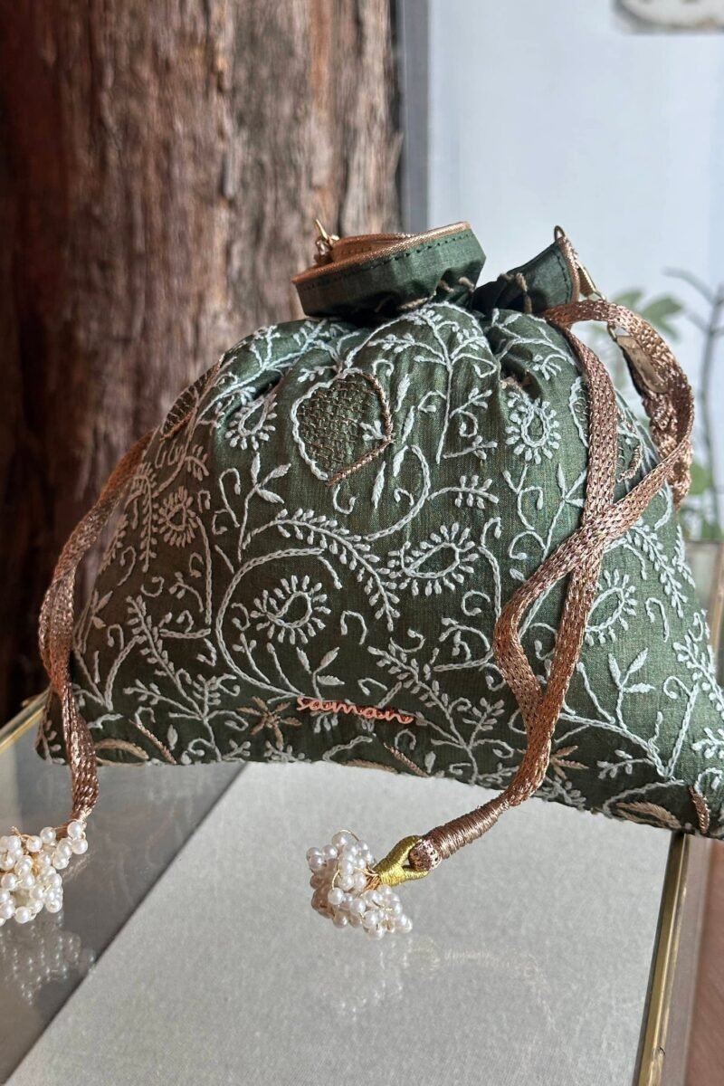 Green Handcrafted Silk Chikankari Potli Bags With Ari Work