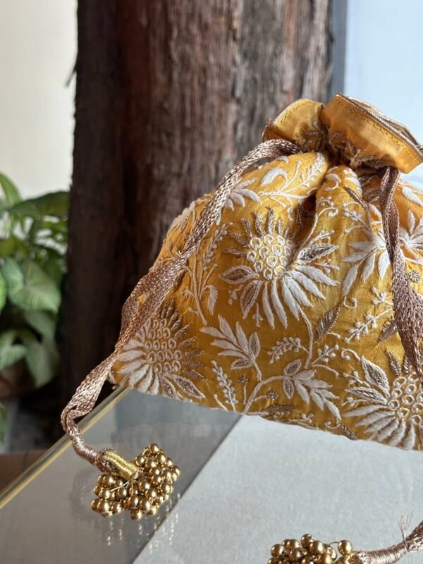 Yellow Handcrafted Silk Chikankari Potli Bags With Ari Work - Image 3