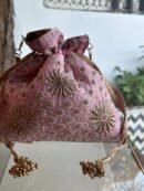 Pink Handcrafted Silk Chikankari Potli Bags With Ari Work
