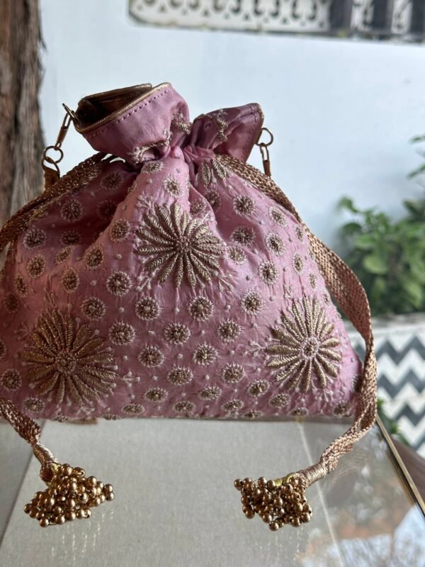 Pink Handcrafted Silk Chikankari Potli Bags With Ari Work - Image 3